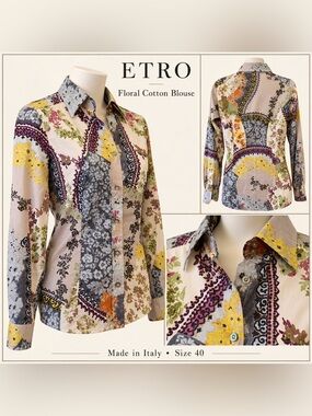ETRO Floral Scarf Print Cotton Button Down Blouse IT 40 Made in Italy